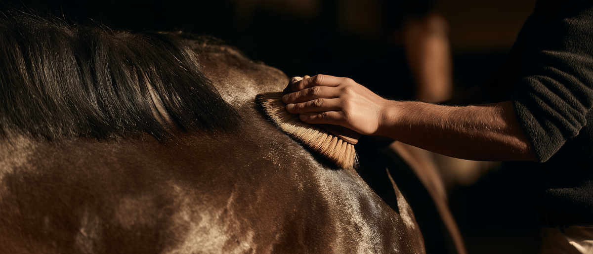 Pansage d'un cheval bai à la brosse dans une écurie sombre