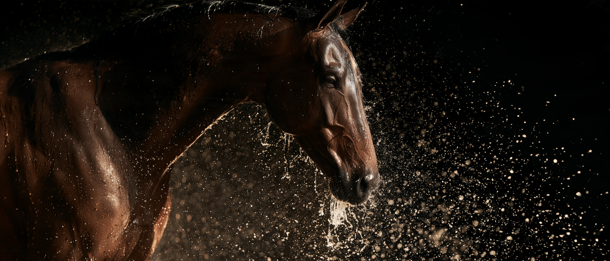 Cheval bai sous les gouttes d'eau après la douche