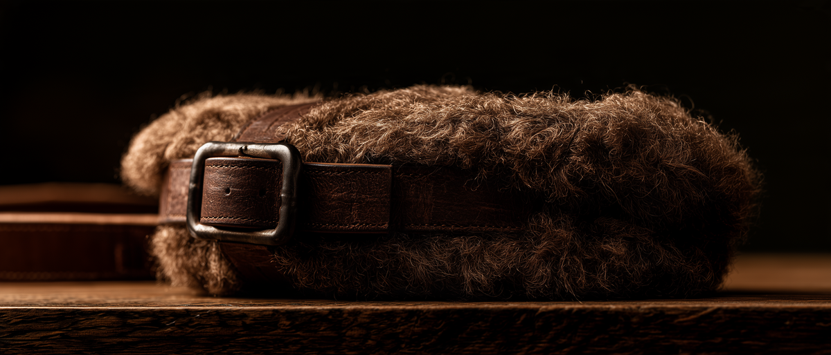 Sangle western à boucle à rouleau posée sur du bois sombre