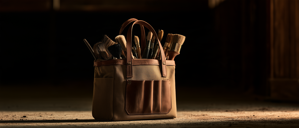 Sac de pansage en toile et cuir rempli de brosses