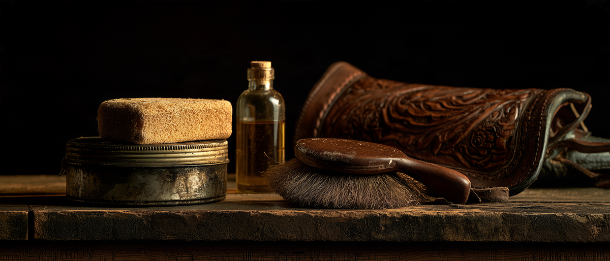 Produits d'entretien du cuir sur un établi, à côté d'une pièce de selle repoussée