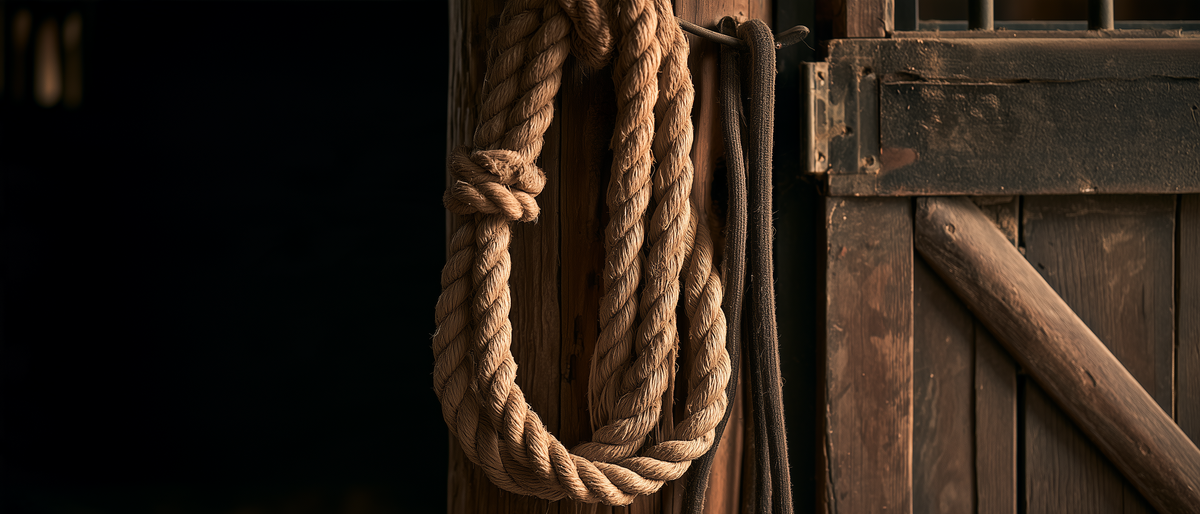 Licol en corde et longe accrochés à un poteau près d'une porte de box