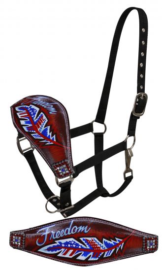 Licol western nylon, muserolle large en cuir peint « Freedom », cob