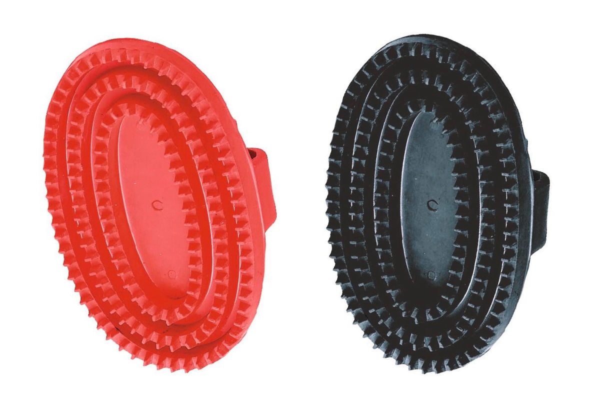 Étrille ovale en caoutchouc Kerbl avec dragonne, rouge ou noire