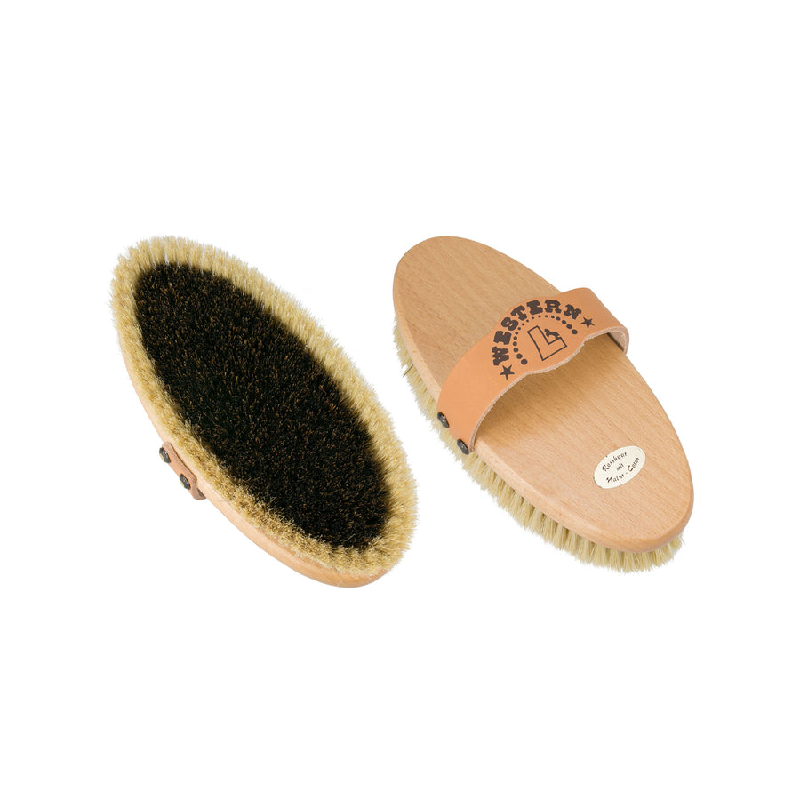 Brosse Leistner Western en bois, poils naturels et dragonne cuir