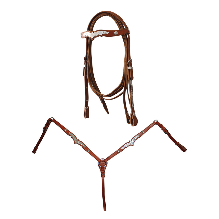 Ensemble bridon et collier de chasse western Lakota argenté, avec rênes