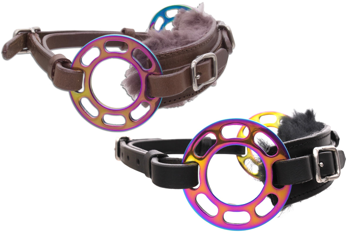 Hackamore à roue Glücksrad irisé avec mouton, cuir marron ou noir