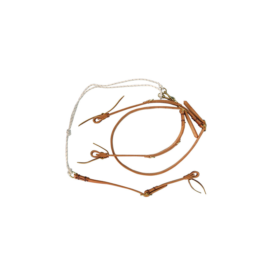 Martingale allemande western en cuir et corde, rênes à anneaux