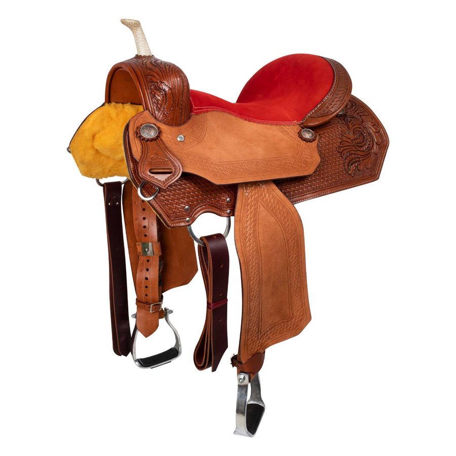 Selle de barrel McBryan siège rouge, travail basket, cuir suédé, 15,5 pouces