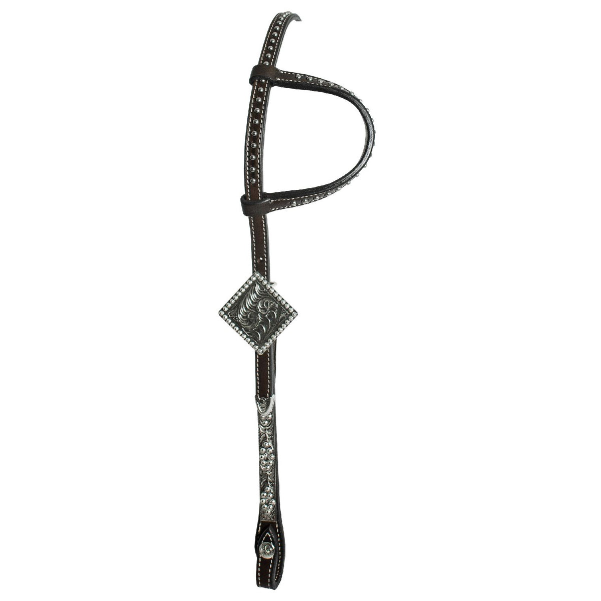 Têtière western une oreille Pool's en cuir, inserts argent travaillé