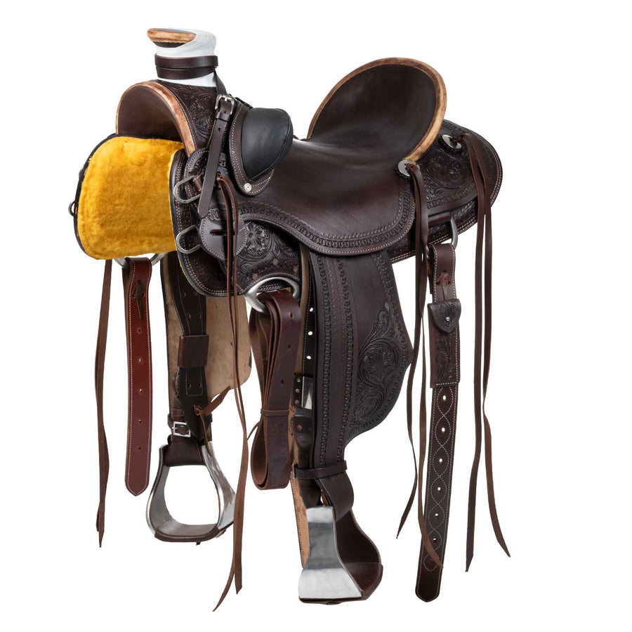 Selle western Wade Ranch Pool's en cuir foncé, gravure florale main, 16 pouces