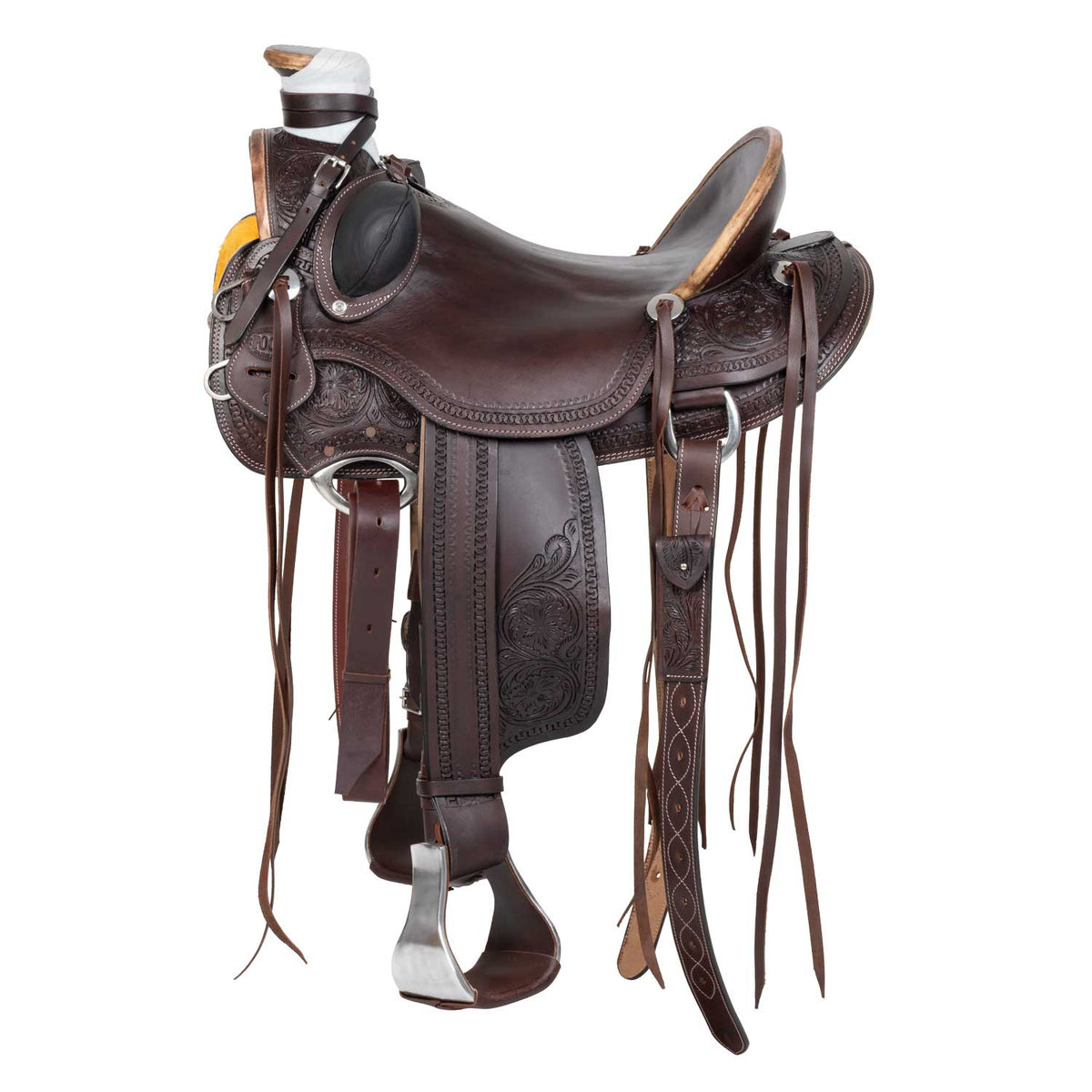 Selle western Wade Ranch Pool's en cuir foncé, gravure florale main, 16 pouces