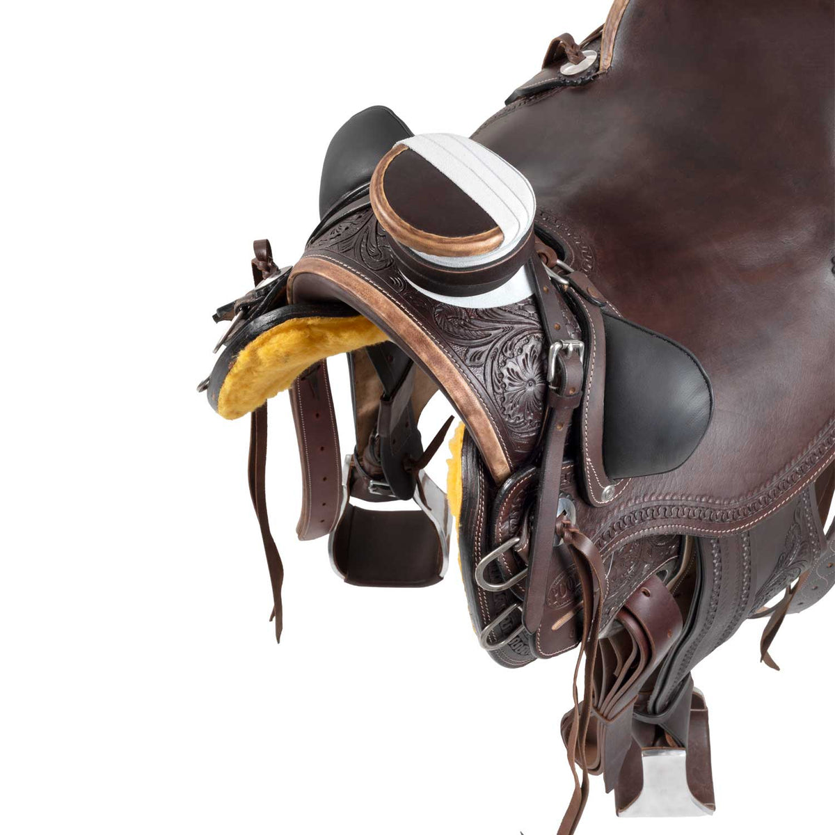 Selle western Wade Ranch Pool's en cuir foncé, gravure florale main, 16 pouces