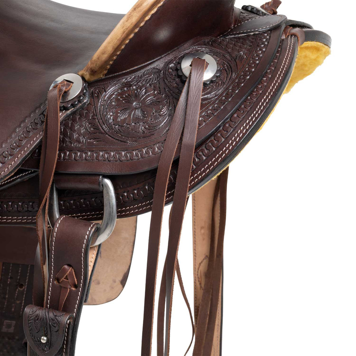 Selle western Wade Ranch Pool's en cuir foncé, gravure florale main, 16 pouces