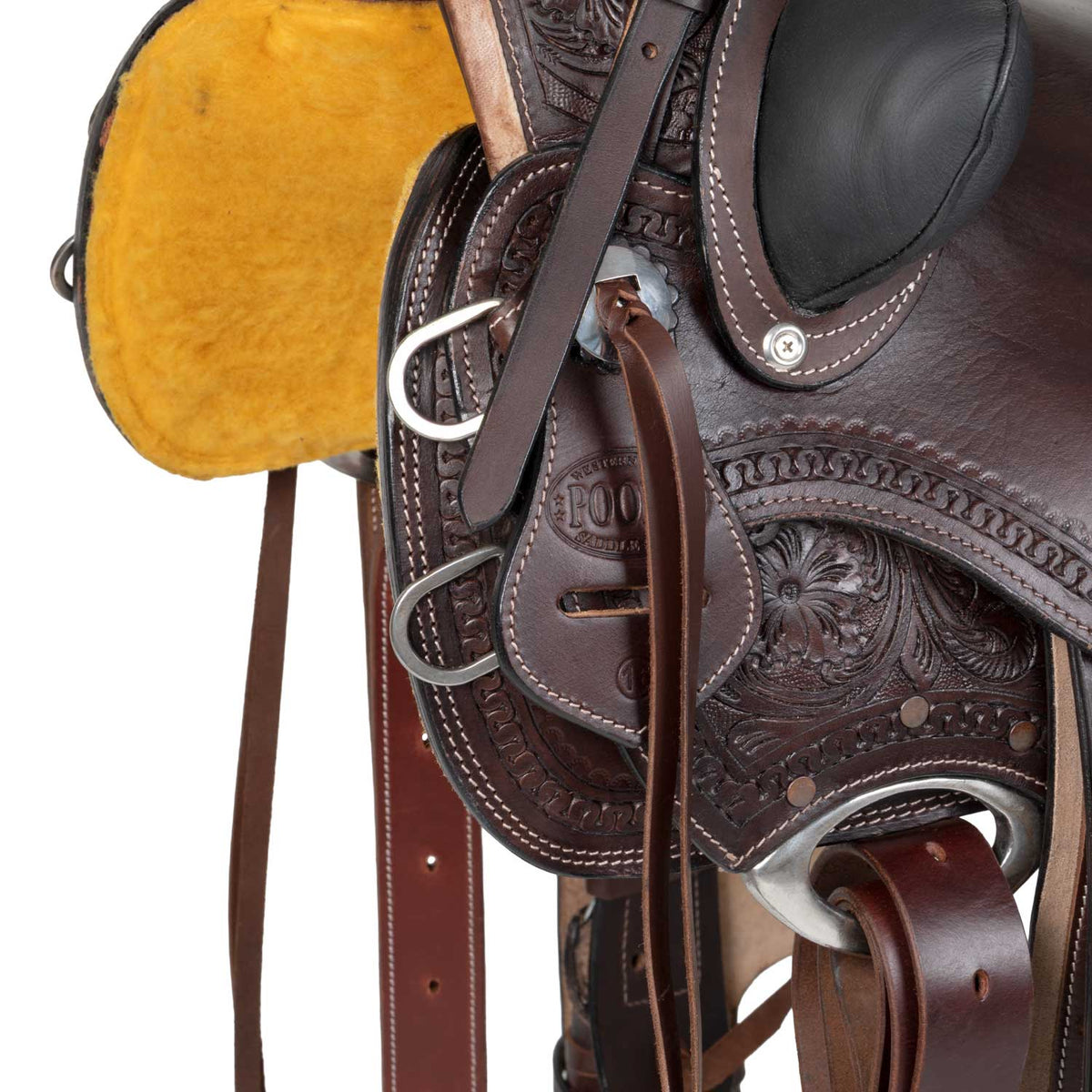 Selle western Wade Ranch Pool's en cuir foncé, gravure florale main, 16 pouces