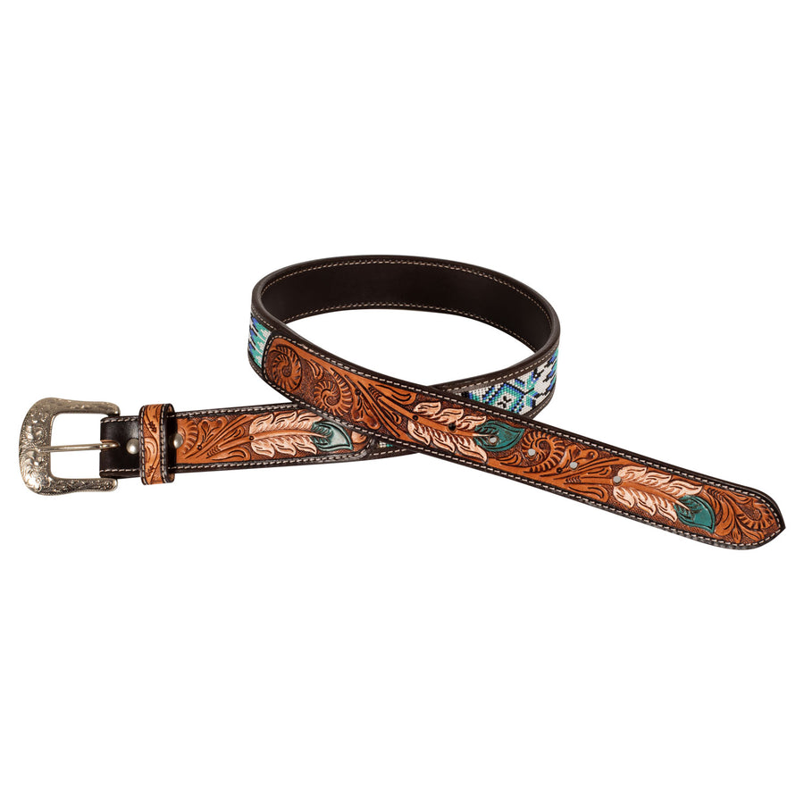 Ceinture western unisexe Pool's en cuir, perles et gravure de plumes