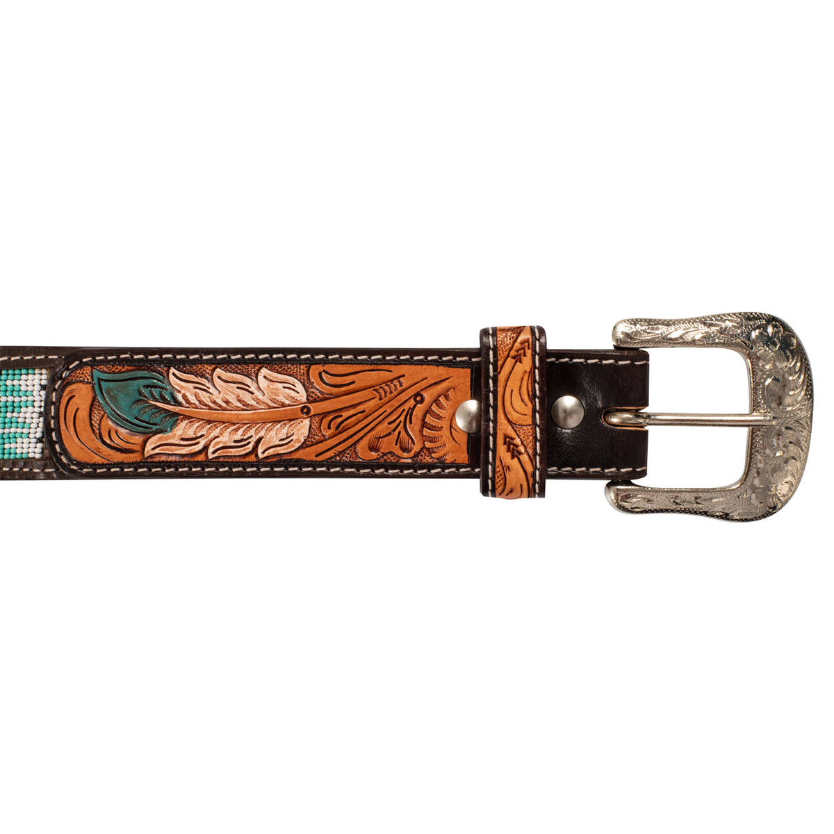 Ceinture western unisexe Pool's en cuir, perles et gravure de plumes