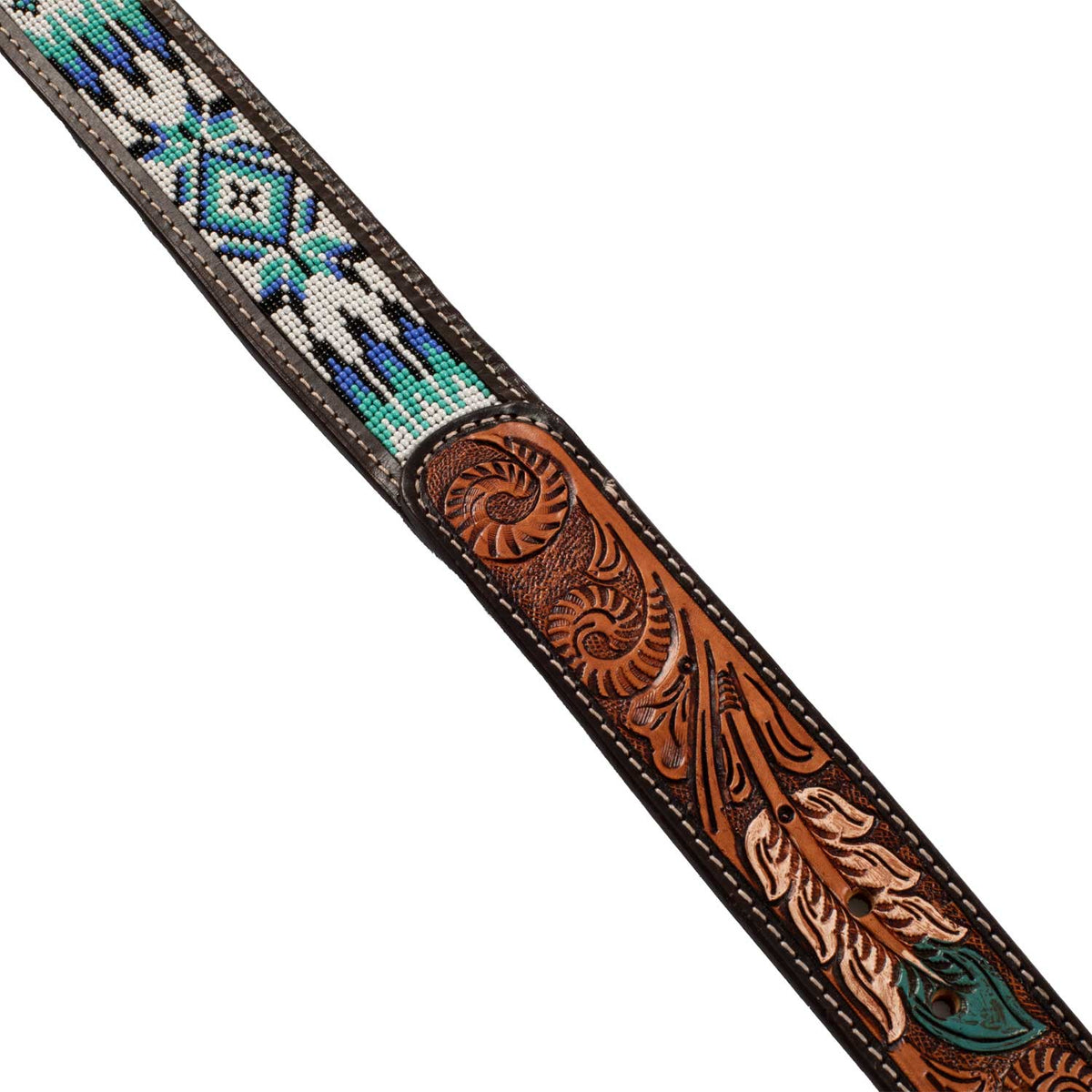Ceinture western unisexe Pool's en cuir, perles et gravure de plumes