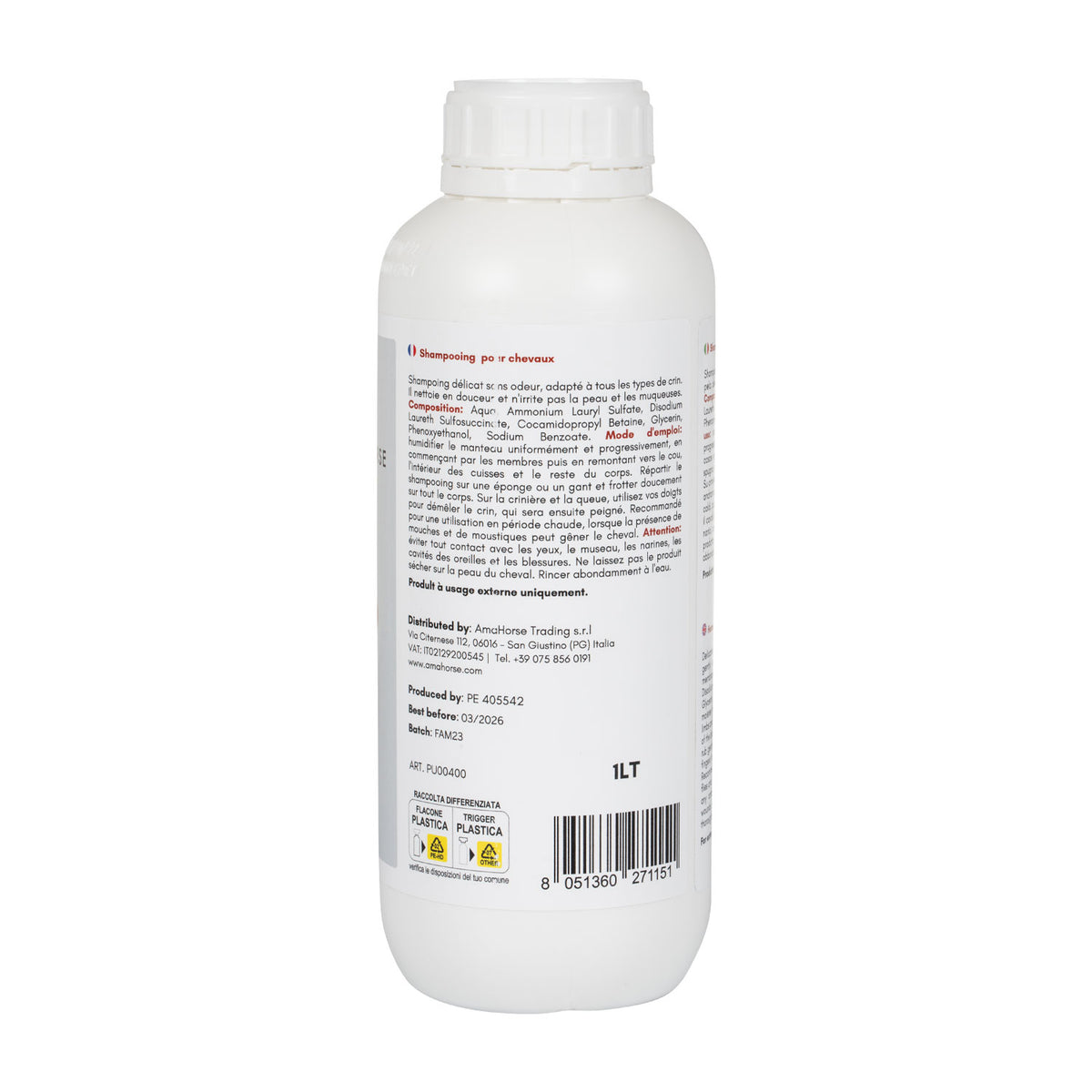 Shampoing cheval AmaHorse doux et inodore, 1 L ou 5 L