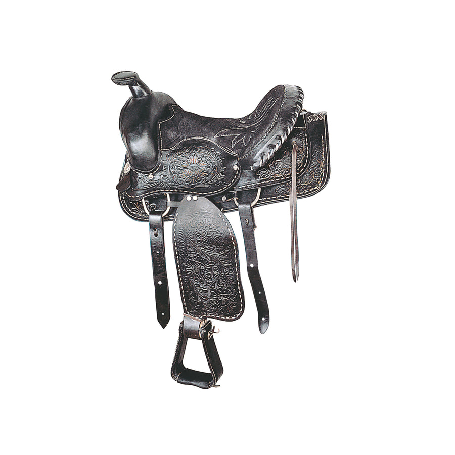 Selle de reining Red Horns en cuir, décor floral gravé, siège 16 pouces