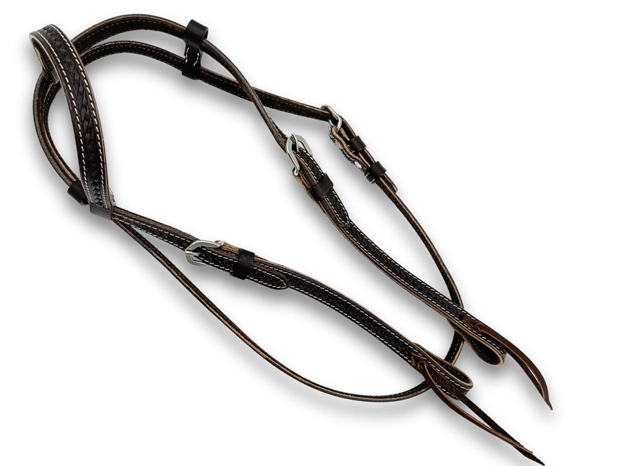 Bridon western une oreille marron foncé estampé vannerie, ferrures inox