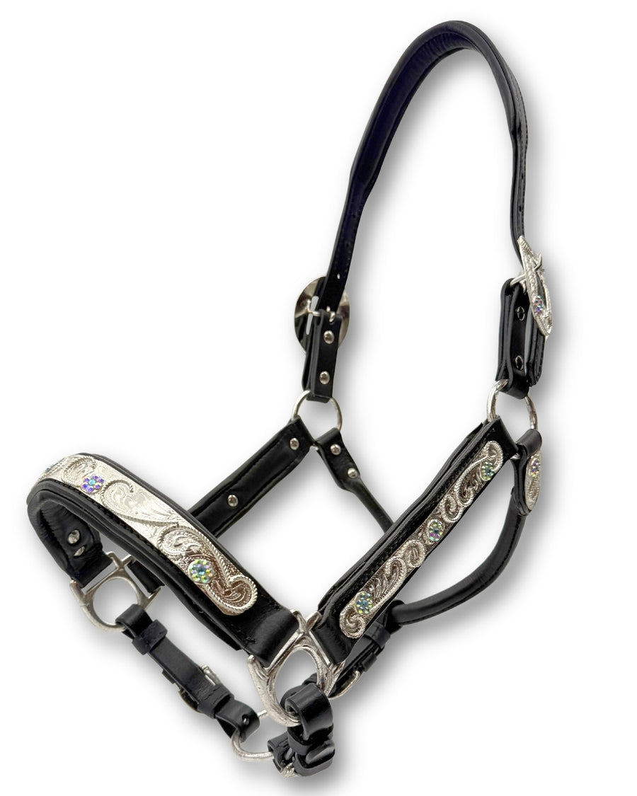 Licol de présentation western cuir noir rembourré, ferrures à strass
