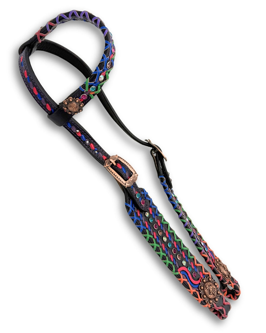 Bridon western une oreille noir, laçage fluo et strass, style barrel