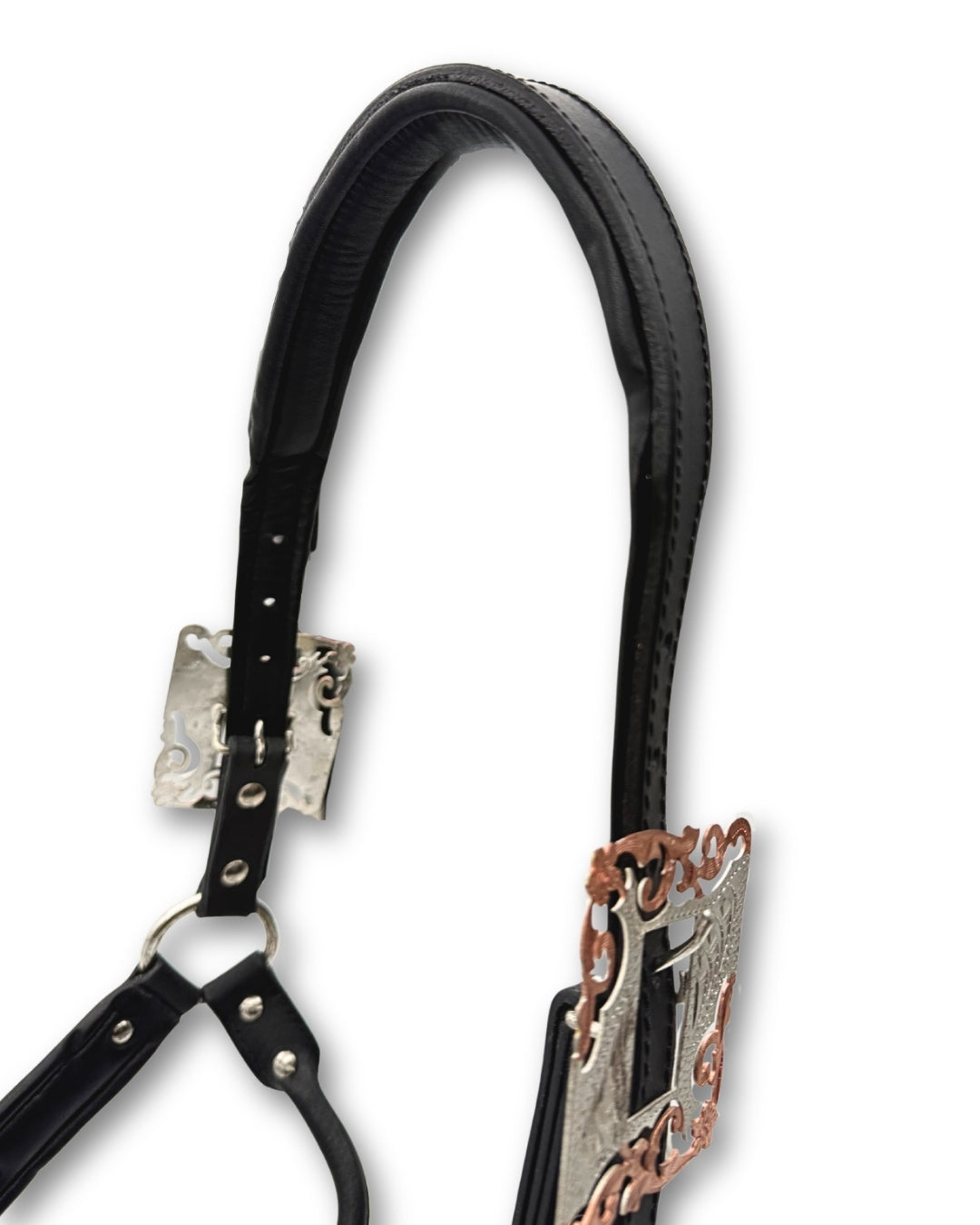 Licol de présentation western cuir noir rembourré, ferrures or rose
