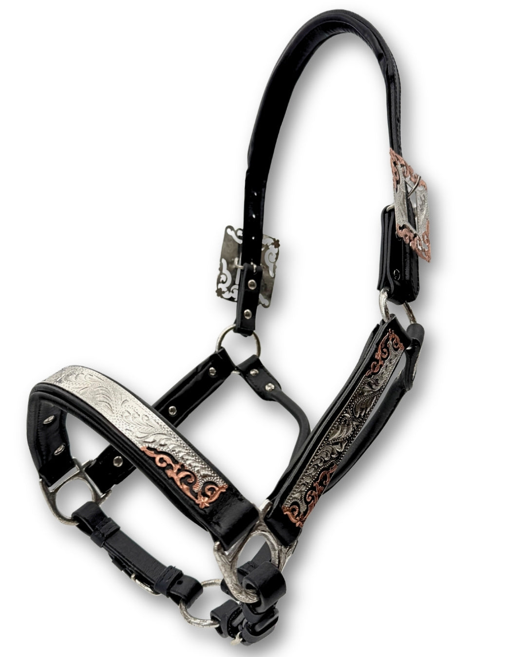 Licol de présentation western cuir noir rembourré, ferrures or rose