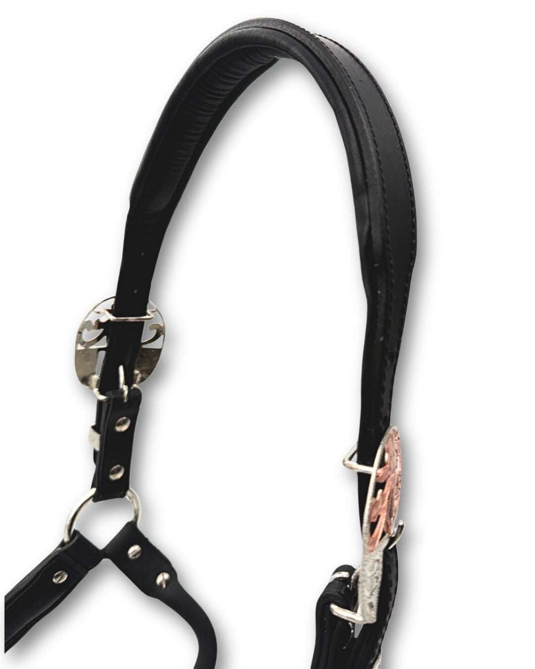 Licol de présentation western cuir noir rembourré, accents or rose