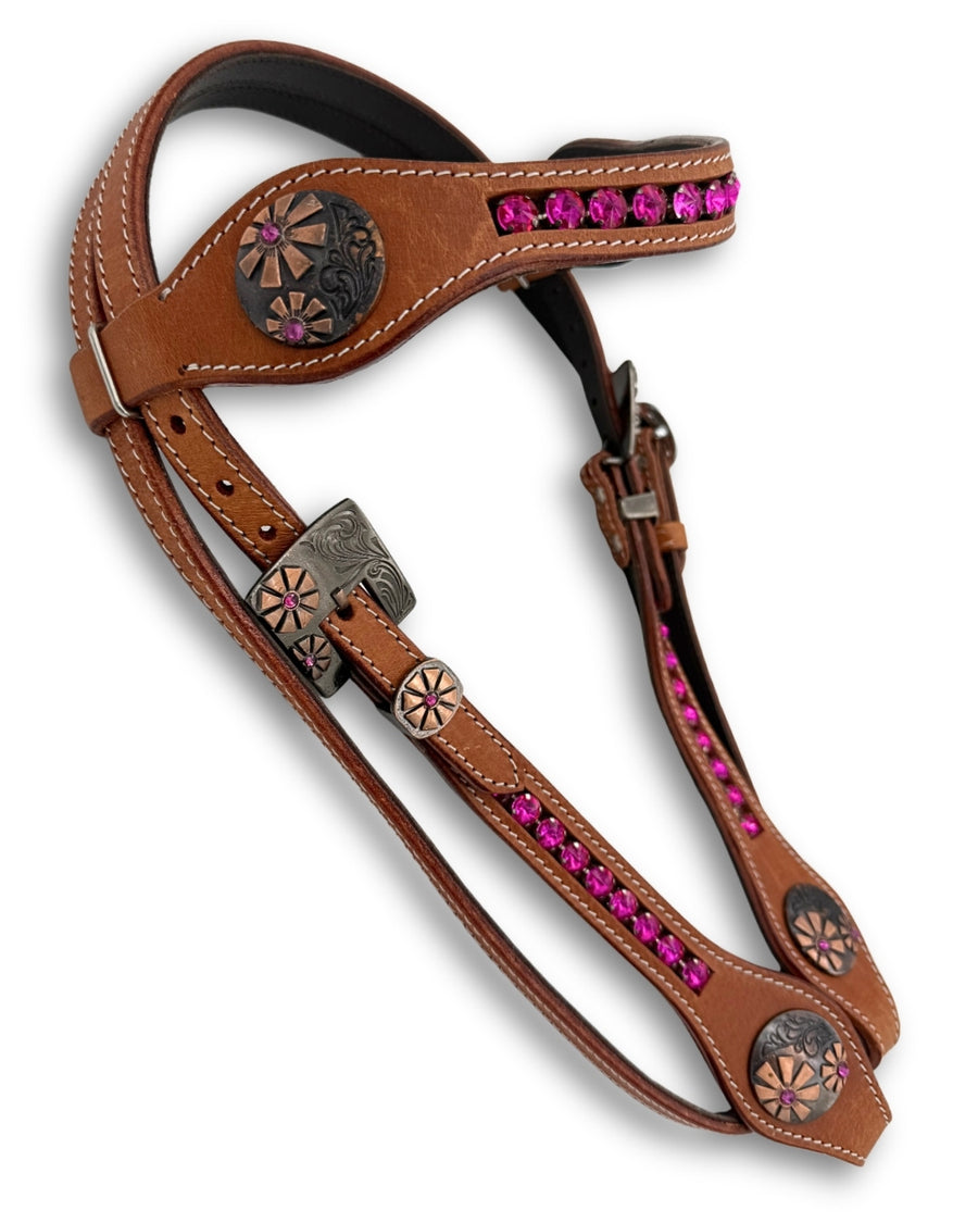 Bridon western à frontal, pierres roses, ferrures vieillies, cuir harness