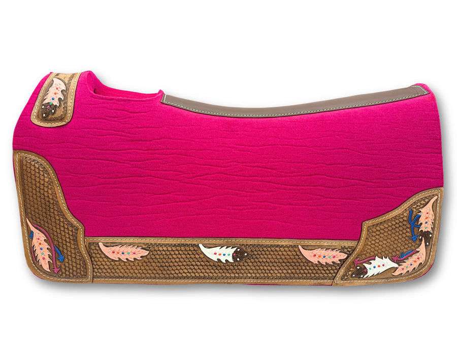 Tapis western en feutre de laine rose, cuir estampé, 78 x 80 cm