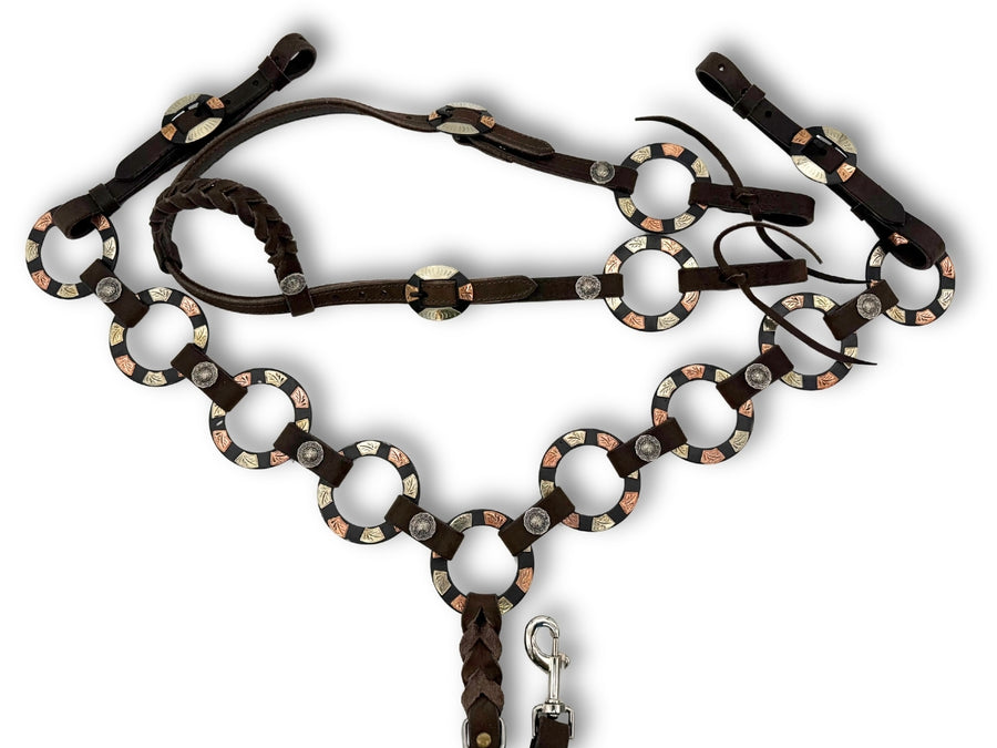 Ensemble western une oreille marron foncé, anneaux tricolores gravés