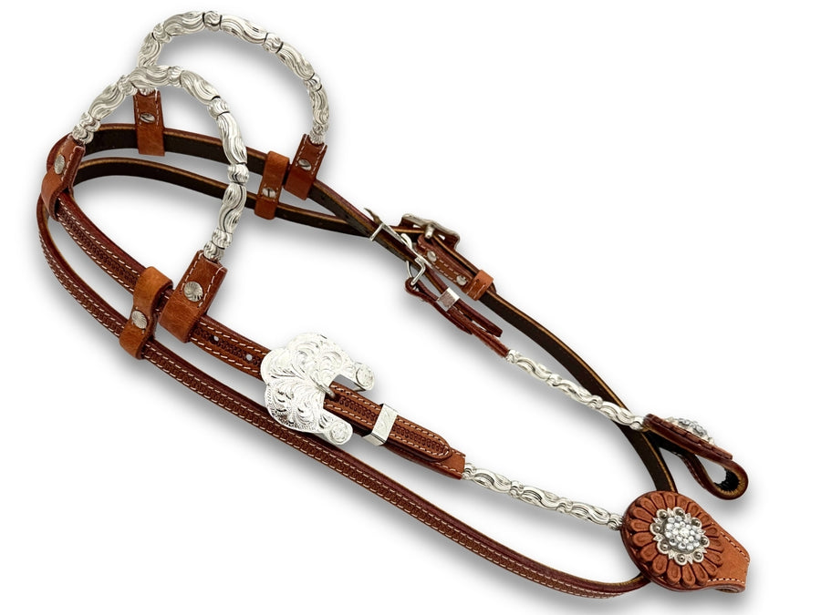 Bridon western deux oreilles, ferrures argentées gravées et strass