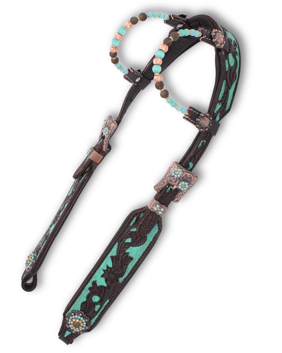 Bridon western deux oreilles anatomique rembourré, perles turquoise