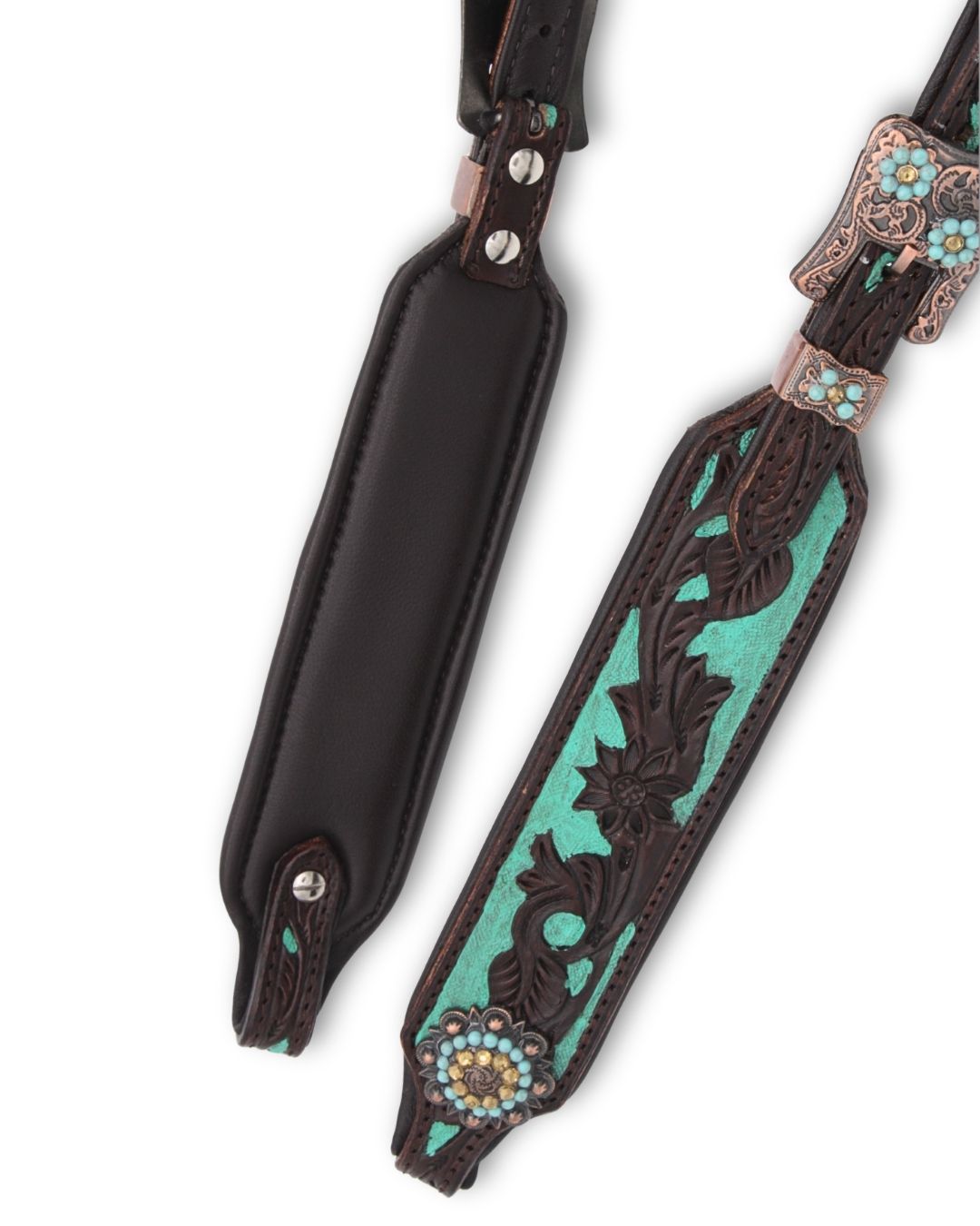 Bridon western deux oreilles anatomique rembourré, perles turquoise