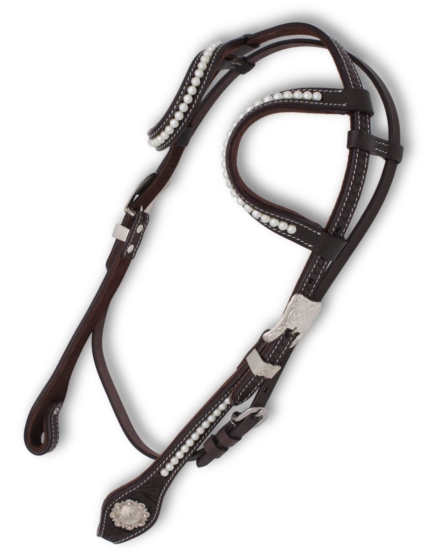 Bridon western deux oreilles perlé avec sous-gorge, cuir marron foncé