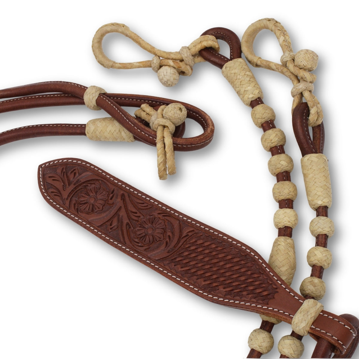 Rênes romal en cuir chestnut cousu rond, mèche estampée