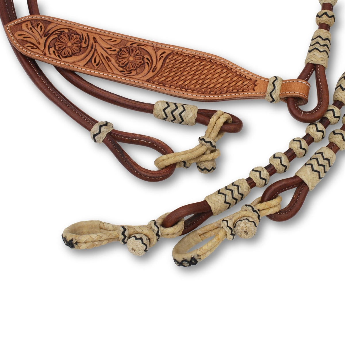 Rênes romal en cuir chestnut cousu rond, boutons décorés