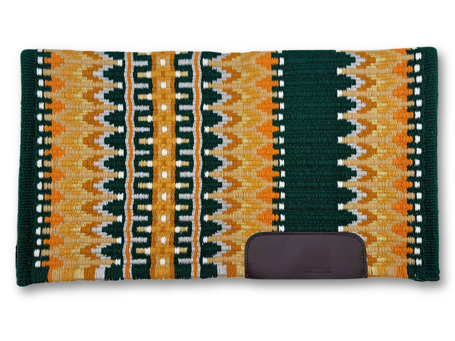 Couverture de selle western vert sapin, or et beige, motif sud-ouest