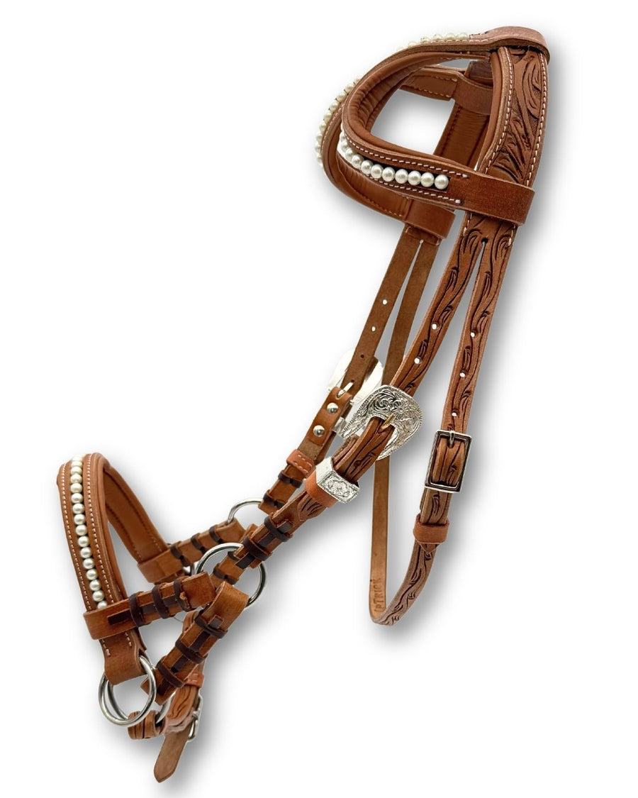 Side-pull western deux oreilles perlé, rembourré, cuir marron estampé