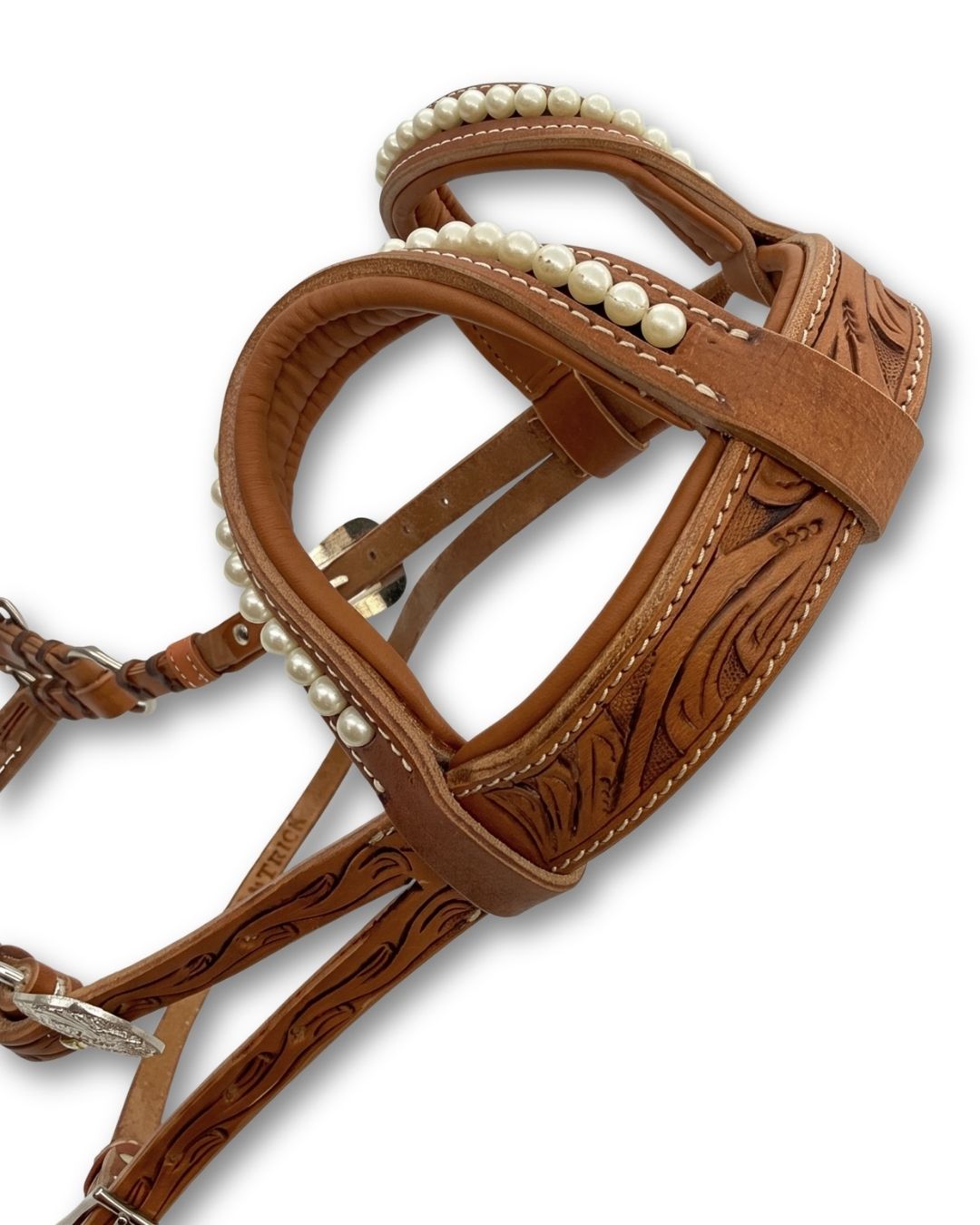 Side-pull western deux oreilles perlé, rembourré, cuir marron estampé