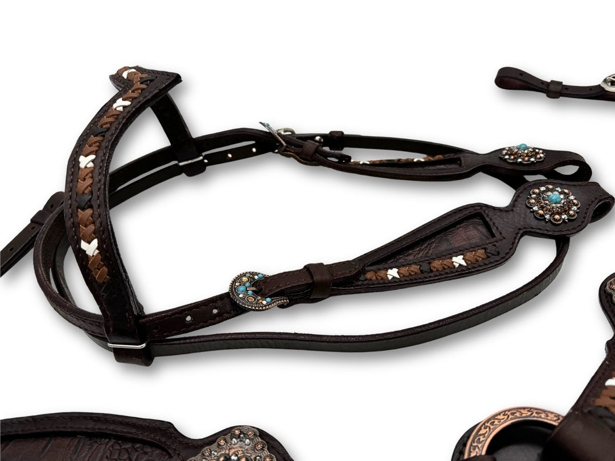Ensemble western vintage marron foncé, conchos turquoise, rênes incluses