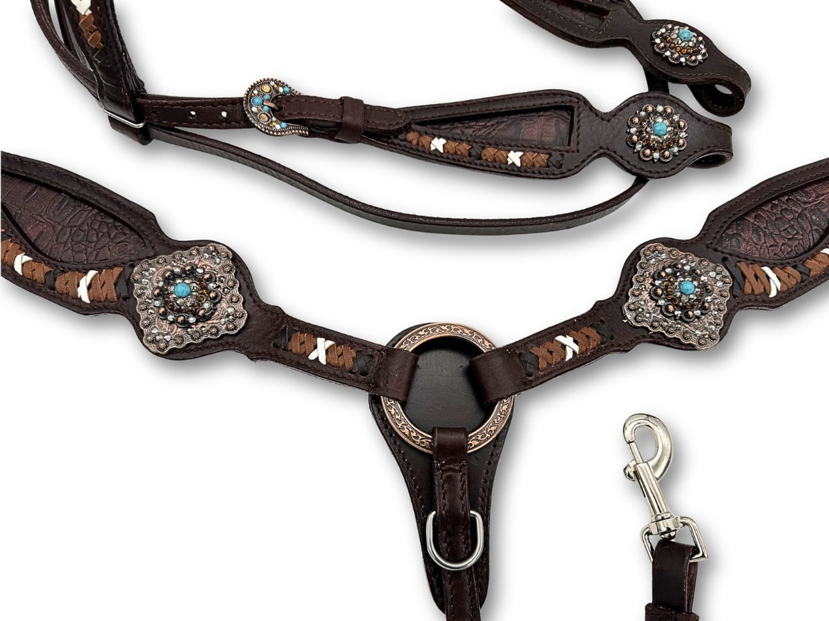 Ensemble western vintage marron foncé, conchos turquoise, rênes incluses