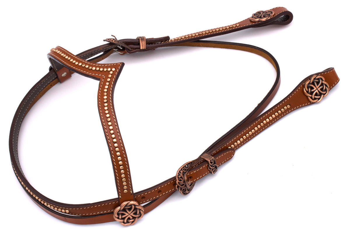 Bridon western vintage frontal en V, nœuds celtiques cuivre, rênes