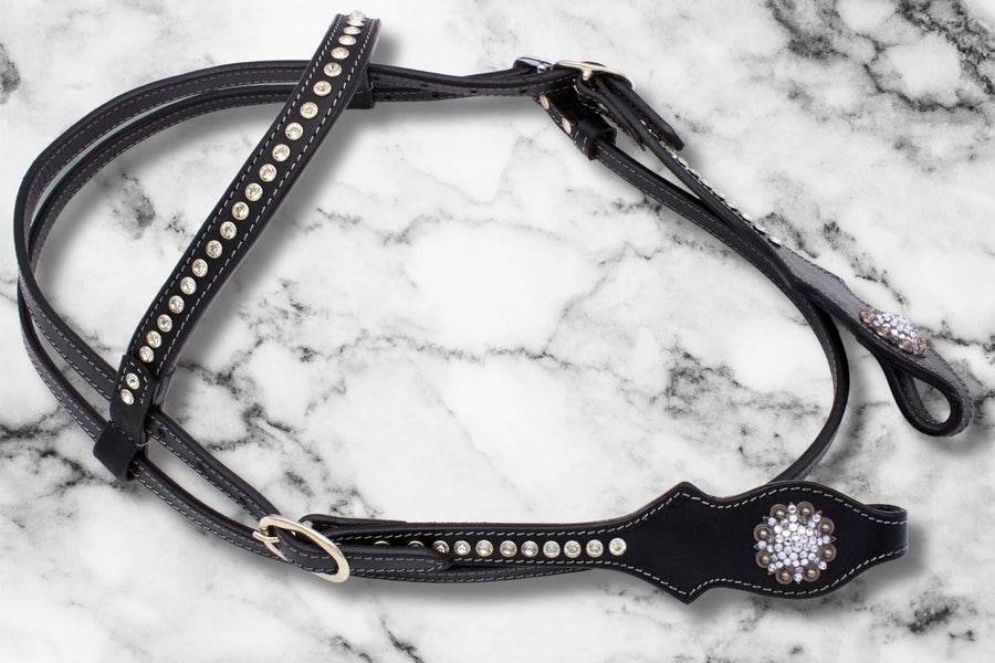 Bridon western noir à frontal strass clairs, taille cob ou trait