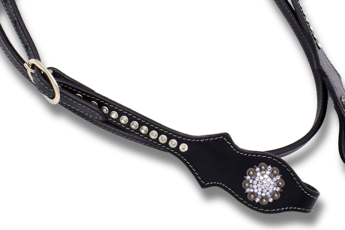 Bridon western noir à frontal strass clairs, taille cob ou trait