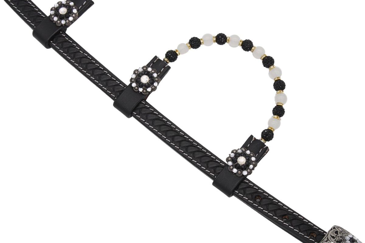 Bridon western deux oreilles taille trait noir, perles noires et blanches