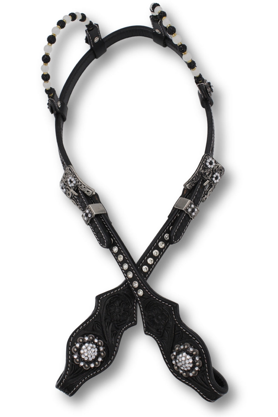 Bridon western deux oreilles taille trait noir, perles noires et blanches