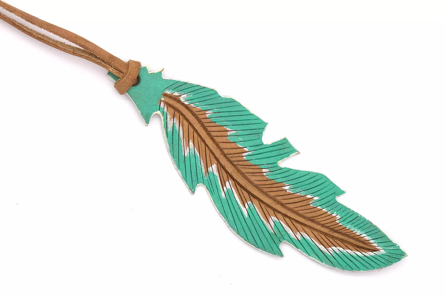 Grande plume en cuir peinte à la main turquoise et marron, 17 cm